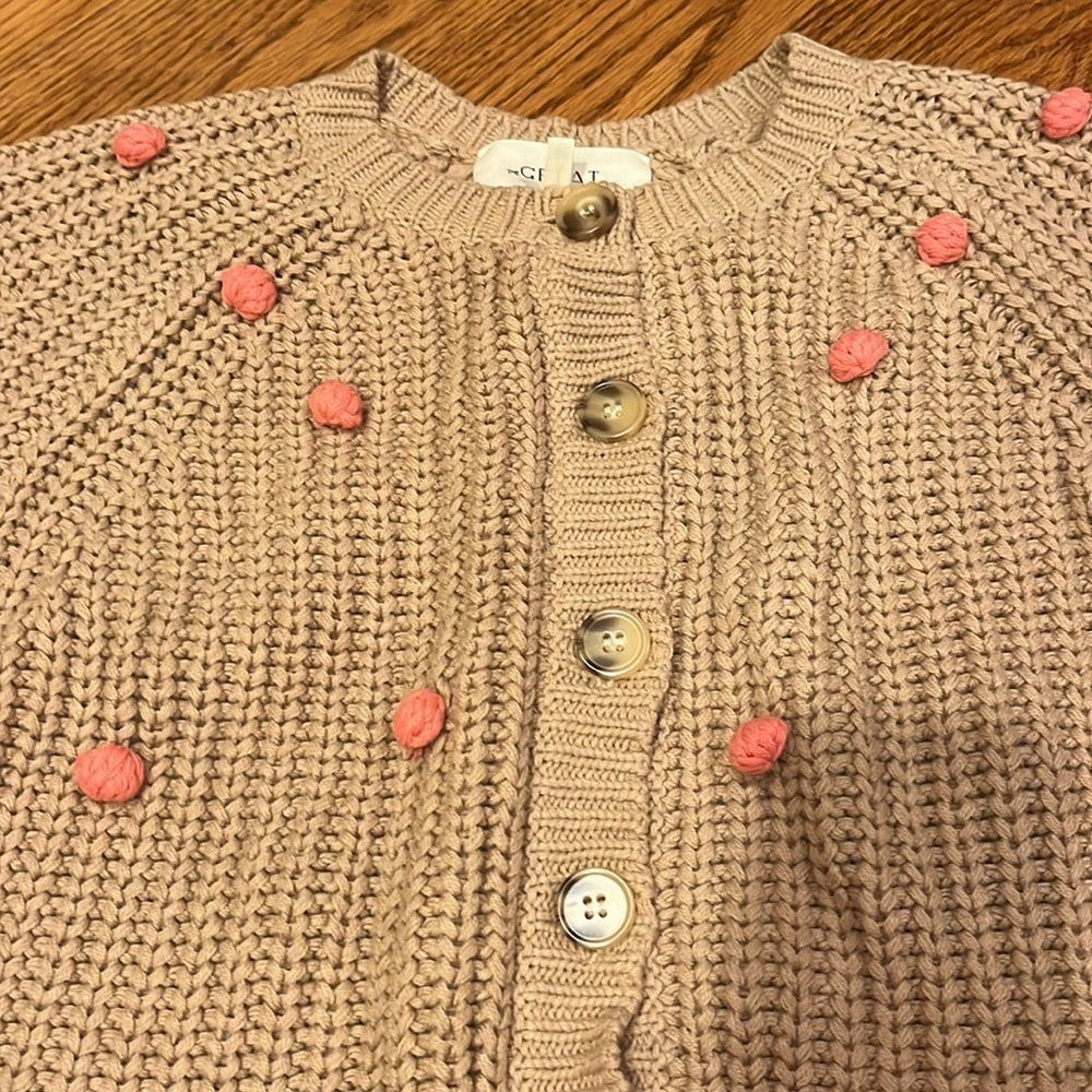 The GREAT Woman’s Tan Cardigan With Pink Pom Poms Size 0