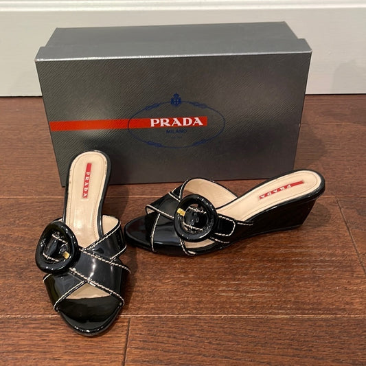 Prada Women’s Black Patent Leather Wedge Size 6