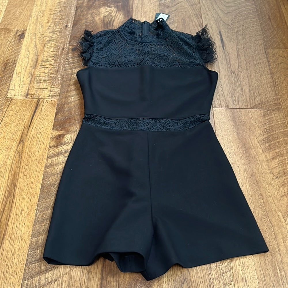 NWT Maje Woman’s Black Izona Lace Detail Romper Accents Size 36/US 4