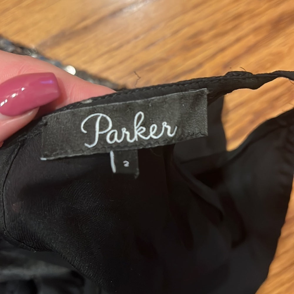Parker Woman’s Silk Dress-Sparkle/Metal Bottom Size 2