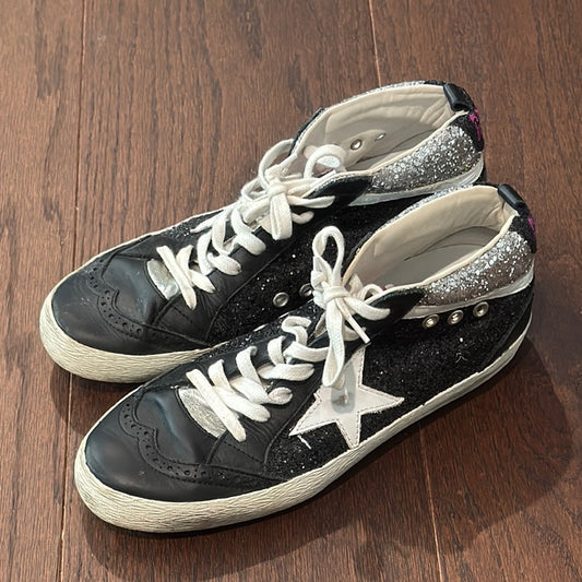 Golden Goose Black and Silver Glitter Mid Top Sneakers Size 39/9