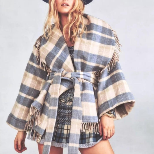 LoveShackFancy Woman’s Blue and Tan Plaid Jacket Size M/L
