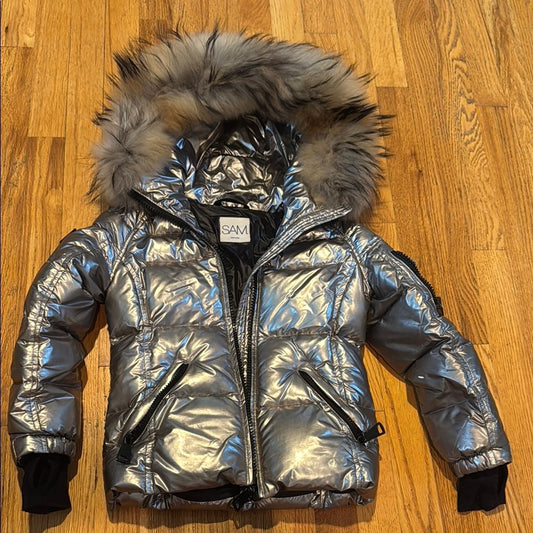 SAM Metallic Silver Jacket with Fur Trim Kids Size 6