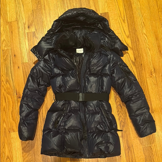 SAM Navy Long Puffer Jacket with Belt Women’s Size Small