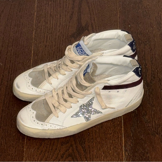 NWT Golden Goose MidStar Classic Sneakers Glitter Silver, White & Wine Size 38/8