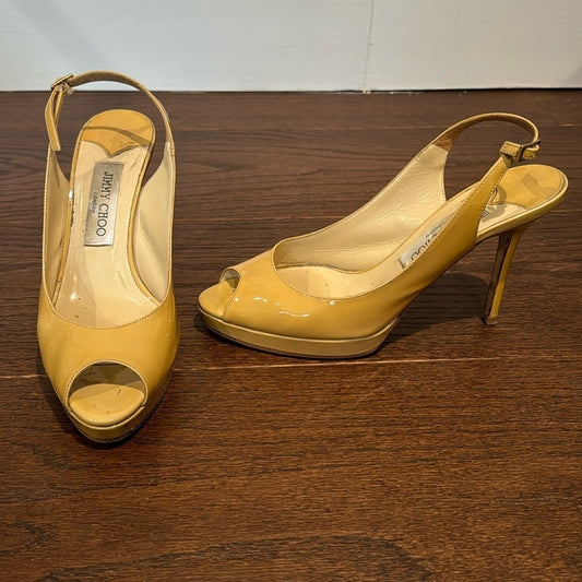 Jimmy Choo Women’s Yellow/Tan Peep Toe Patent Pumps Size 38/8