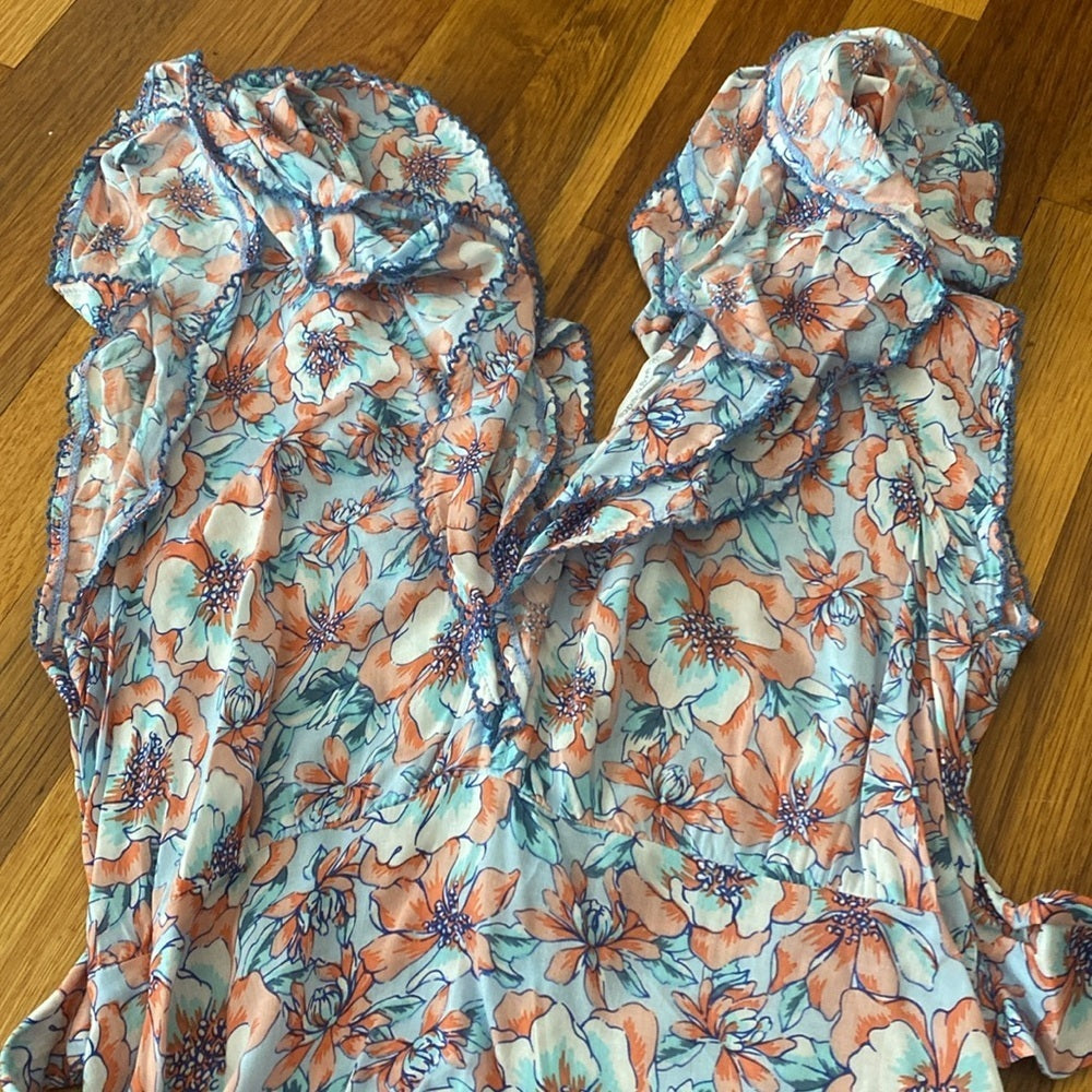 Poupette St Barth Women’s Blue and Pink Floral Printed Maxi Dress Size S