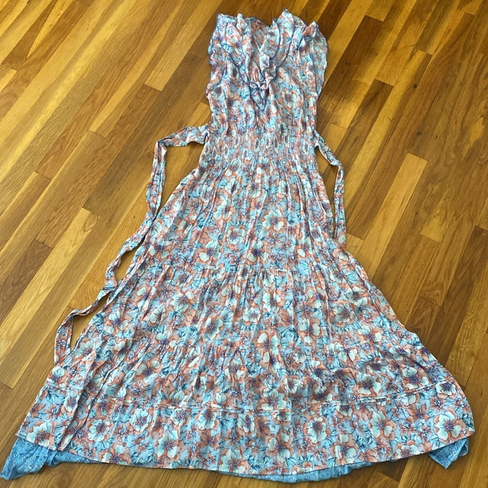Poupette St Barth Women’s Blue and Pink Floral Printed Maxi Dress Size S