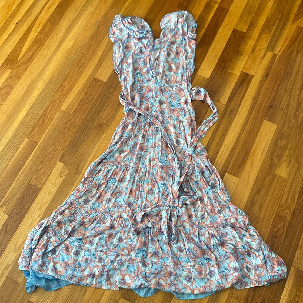 Poupette St Barth Women’s Blue and Pink Floral Printed Maxi Dress Size S