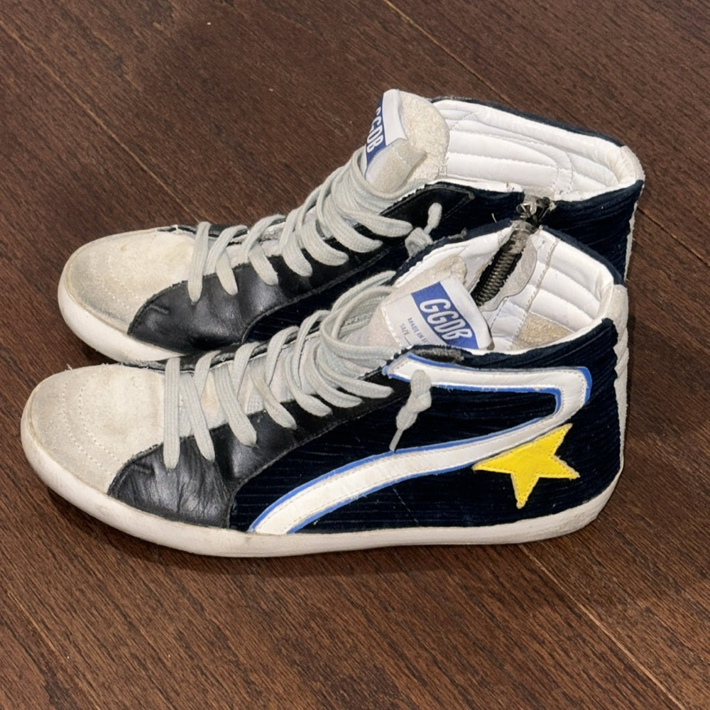 Golden Goose Women’s Navy Velvet & Leather High Tops Zipper Closure Size 38/8