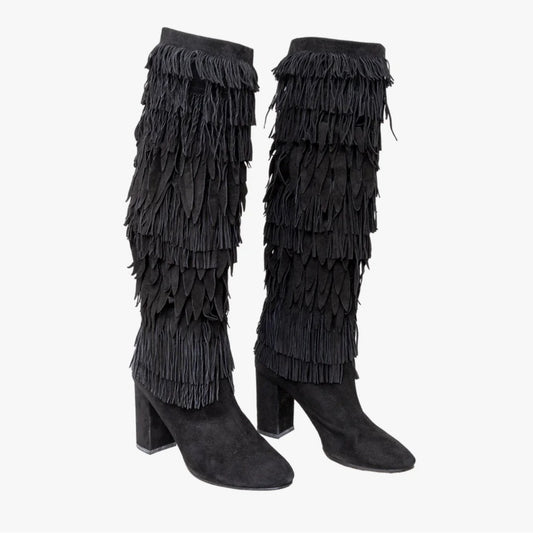Aquazzura Woman’s Black Fringe Heeled Boots Size 41