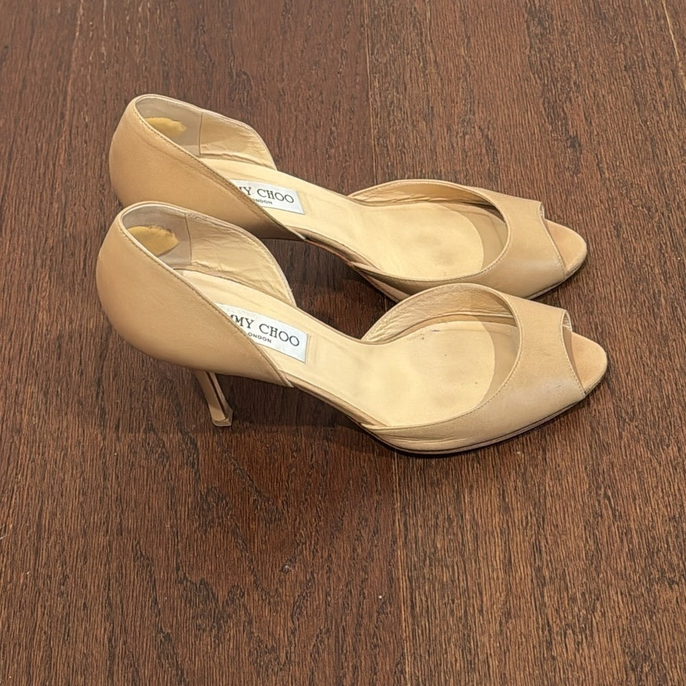 Jimmy Choo Tan Peep Toe Heels Size 39.5/9.5