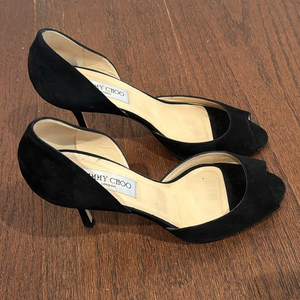 Jimmy Choo Black Suede Peep Toe D’Orsay Heels Size 39.5/9.5