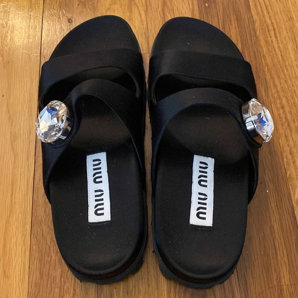 Miu Miu Women’s Black Sandals With Rhinestone Detailing Size 36.5