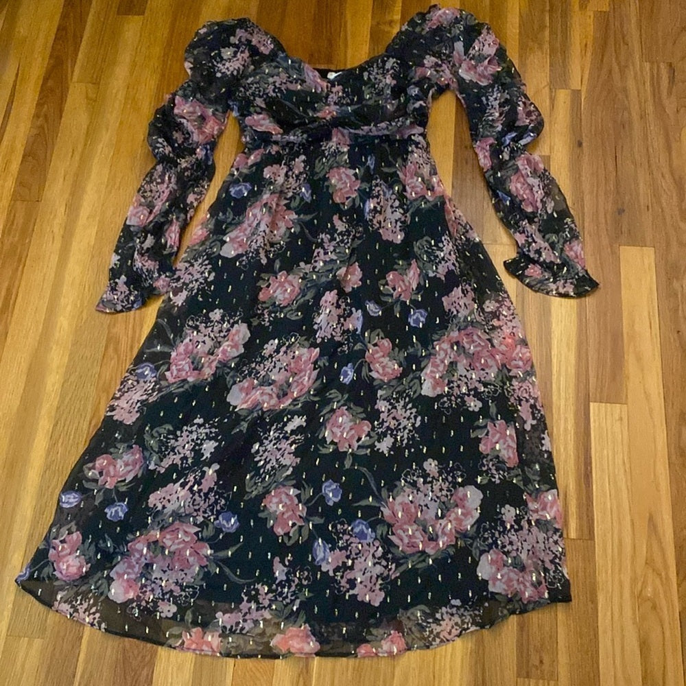 NWT Miss Selfridge Women’s Black and Pink Floral Printed Maxi Dress Size 10