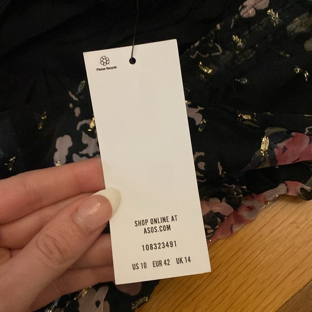 NWT Miss Selfridge Women’s Black and Pink Floral Printed Maxi Dress Size 10