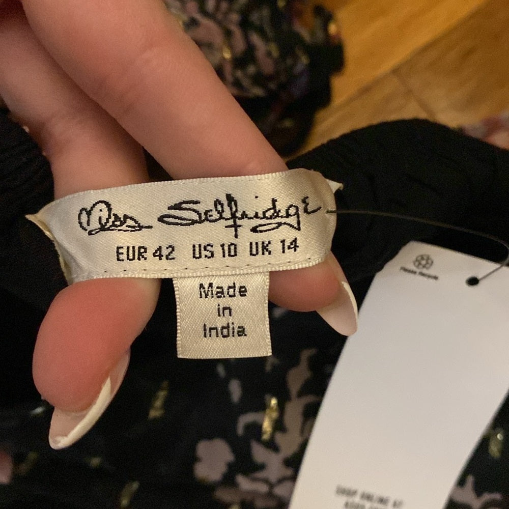 NWT Miss Selfridge Women’s Black and Pink Floral Printed Maxi Dress Size 10