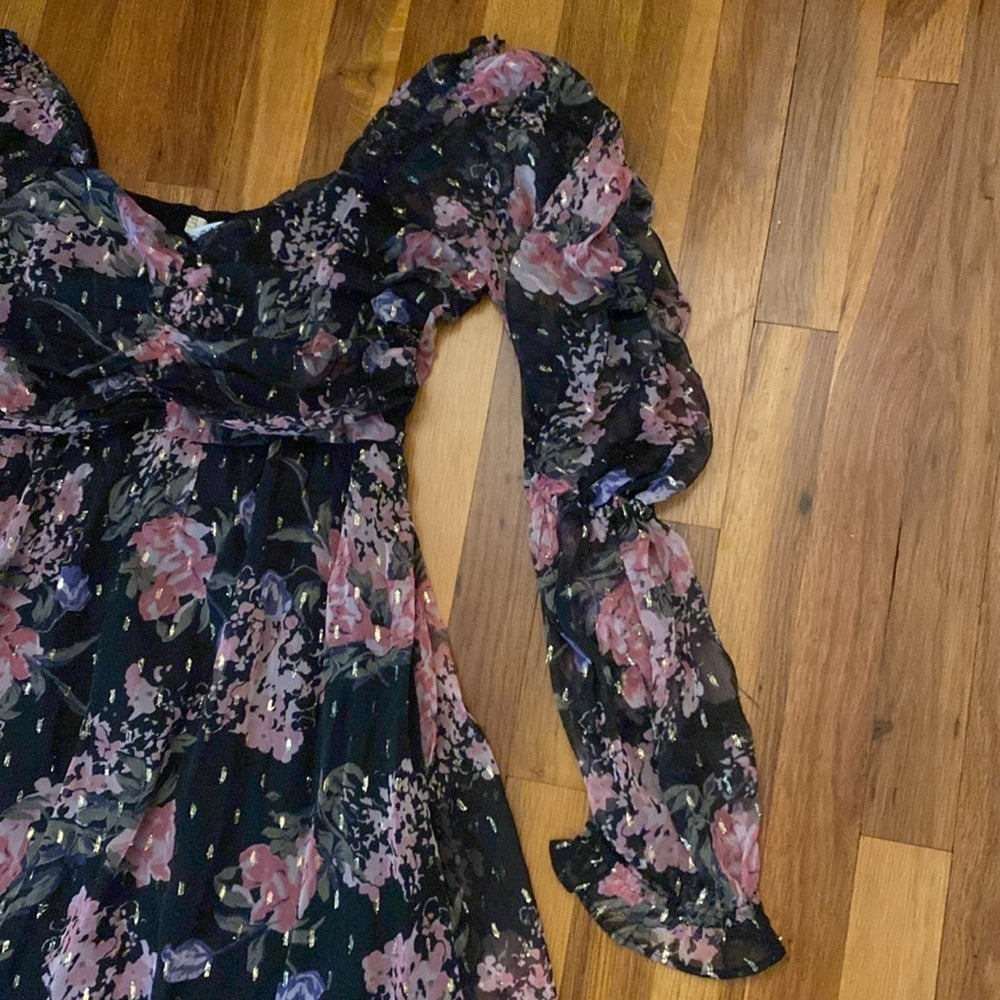 NWT Miss Selfridge Women’s Black and Pink Floral Printed Maxi Dress Size 10