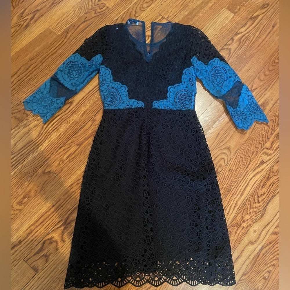 SANDRO Black and Blue Lace Design Dress