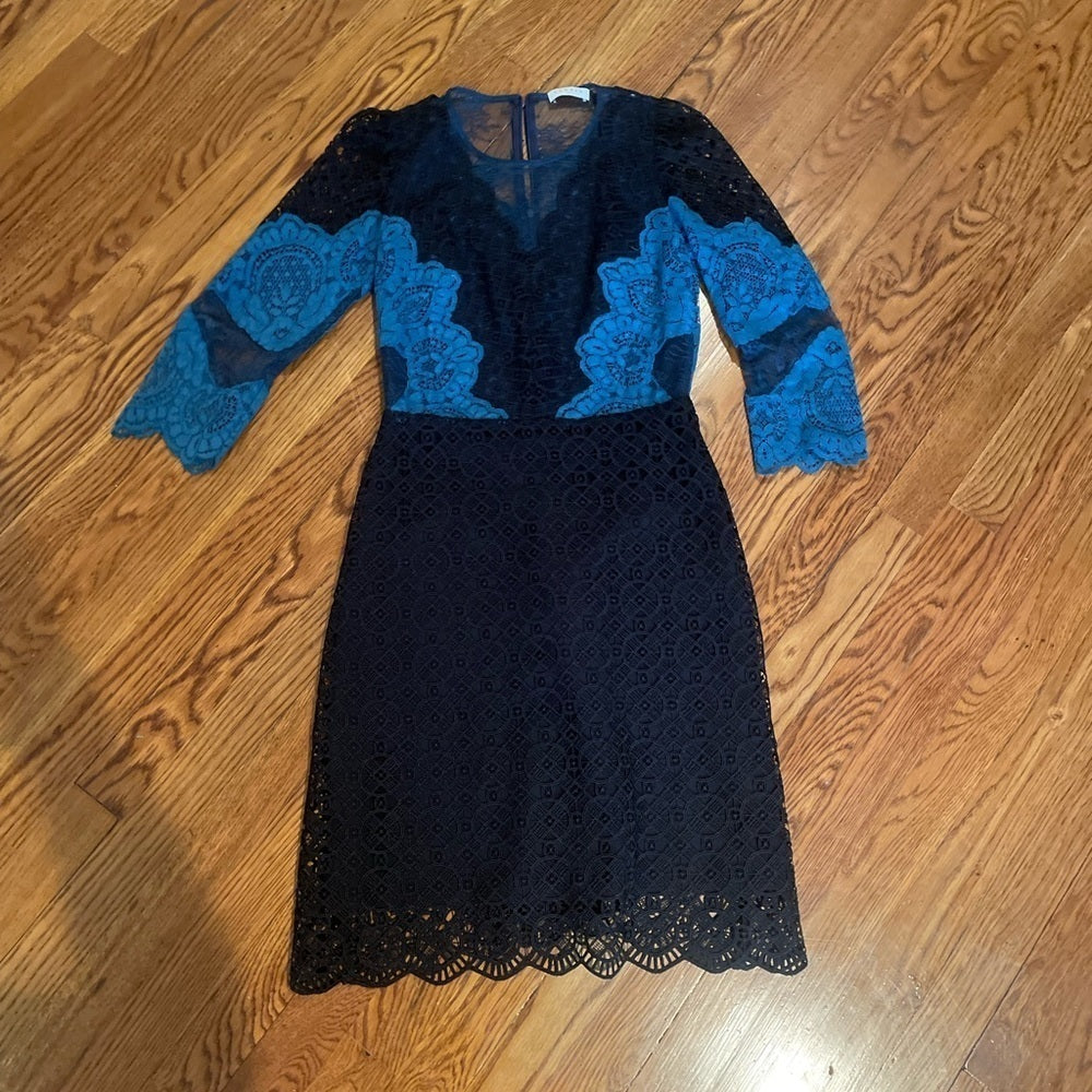 SANDRO Black and Blue Lace Design Dress