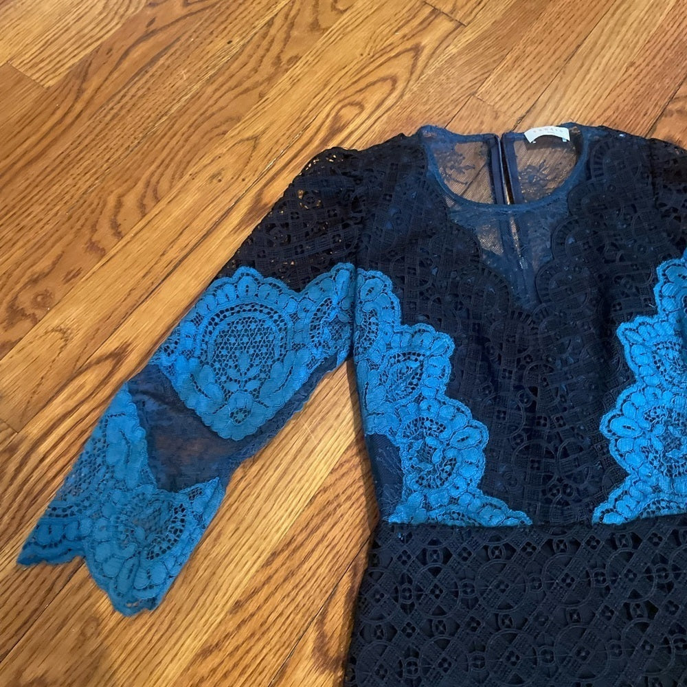 SANDRO Black and Blue Lace Design Dress