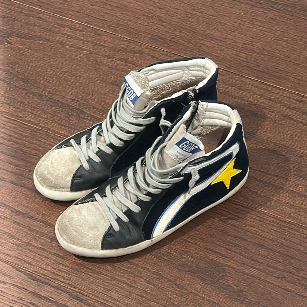 Golden Goose Women’s Navy Velvet & Leather High Tops Zipper Closure Size 38/8
