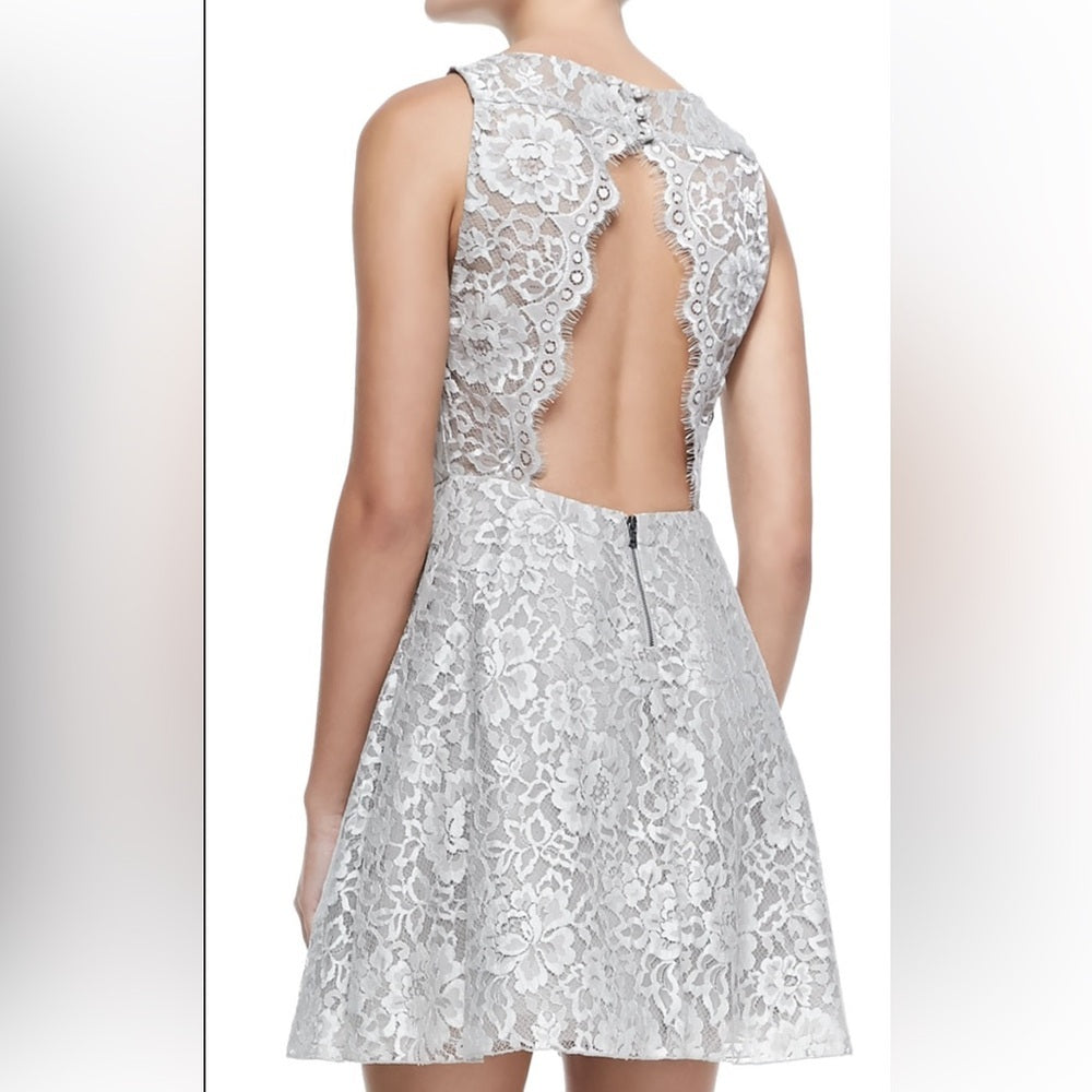 NWT Alice + Olivia Woman’s Natalia Open-Back Lace A-Line Taupe Lace Dress Size 0