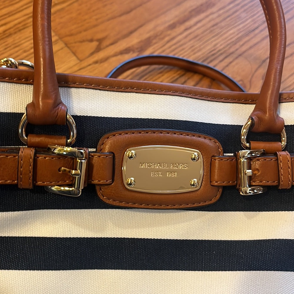 Michael Kors Woman’s Brown and Navy Striped Tote and Wallet