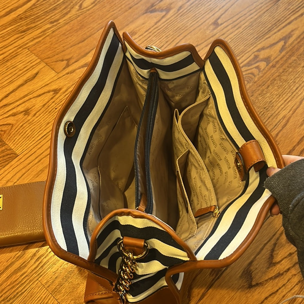 Michael Kors Woman’s Brown and Navy Striped Tote and Wallet