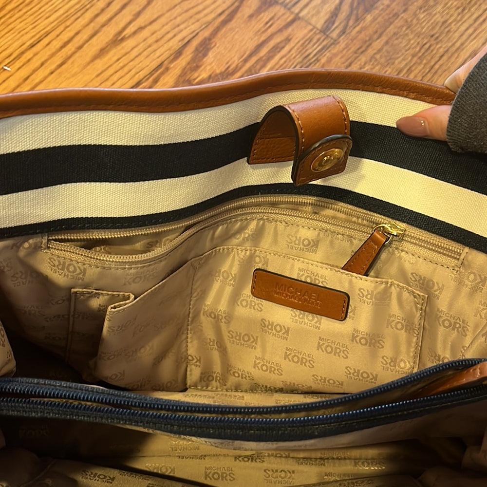 Michael Kors Woman’s Brown and Navy Striped Tote and Wallet