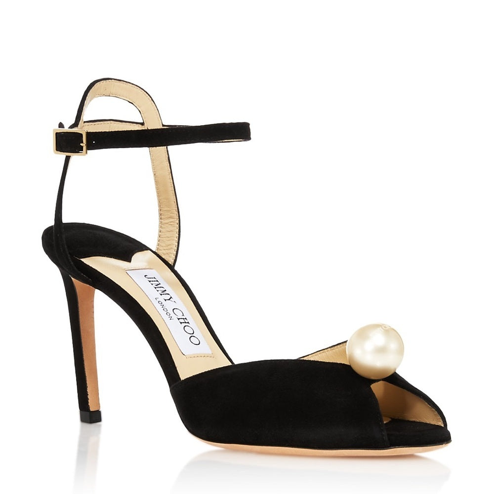 NWT Jimmy Choo Women's Black Suede Sacora 85 Embellished Heel Sandals Size 38.5