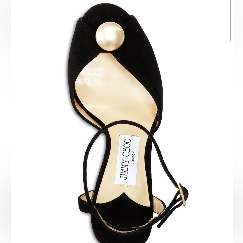 NWT Jimmy Choo Women's Black Suede Sacora 85 Embellished Heel Sandals Size 38.5