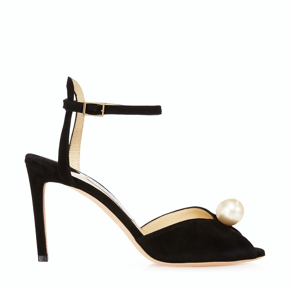 NWT Jimmy Choo Women's Black Suede Sacora 85 Embellished Heel Sandals Size 38.5