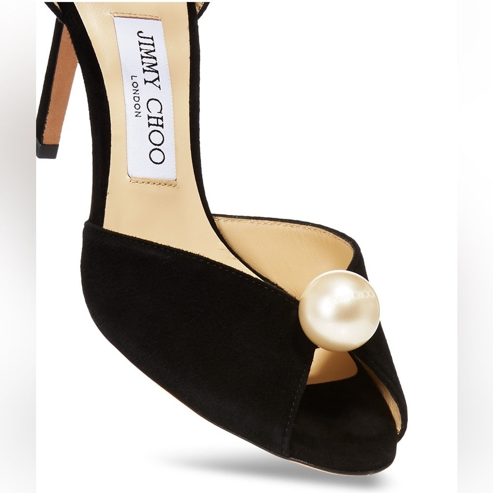 NWT Jimmy Choo Women's Black Suede Sacora 85 Embellished Heel Sandals Size 38.5