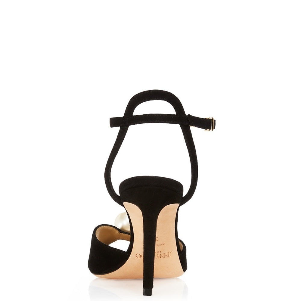 NWT Jimmy Choo Women's Black Suede Sacora 85 Embellished Heel Sandals Size 38.5