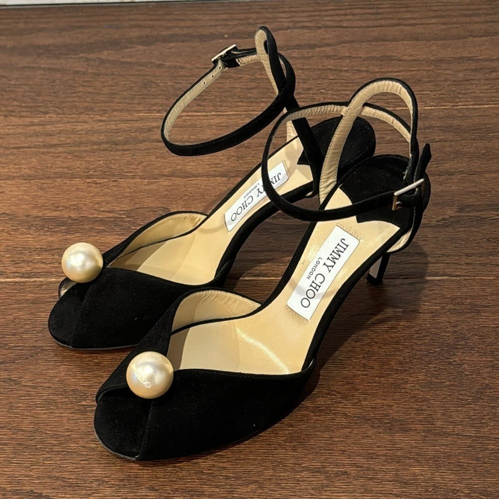 NWT Jimmy Choo Women's Black Suede Sacora 85 Embellished Heel Sandals Size 38.5
