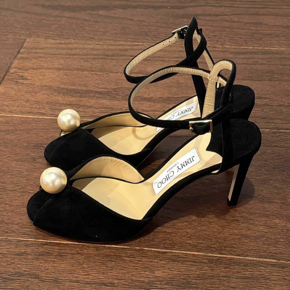 NWT Jimmy Choo Women's Black Suede Sacora 85 Embellished Heel Sandals Size 38.5