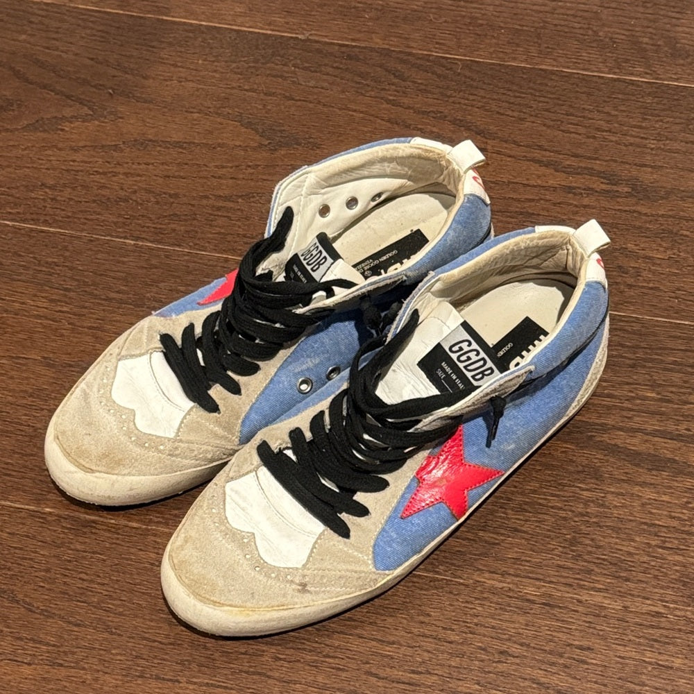 GGDB Golden Goose Women’s Blue Denim & White High-Tops with Red Star Size 41/11