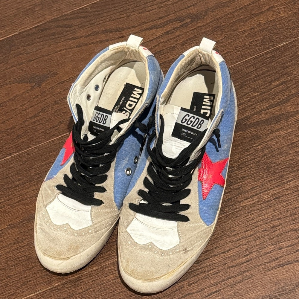 GGDB Golden Goose Women’s Blue Denim & White High-Tops with Red Star Size 41/11
