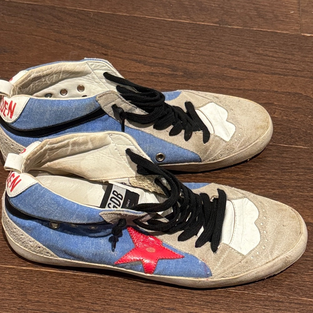 GGDB Golden Goose Women’s Blue Denim & White High-Tops with Red Star Size 41/11