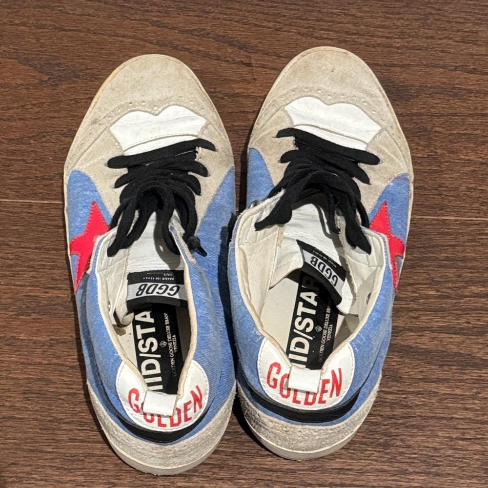 GGDB Golden Goose Women’s Blue Denim & White High-Tops with Red Star Size 41/11