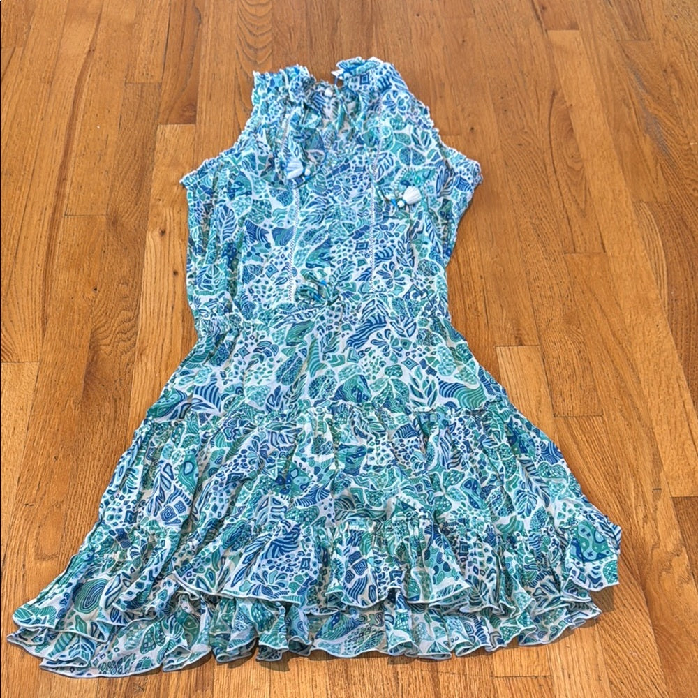 NWT Poupette St. Barth Floral Sleeveless Ruffle Dress Cinched Waist Women’s L