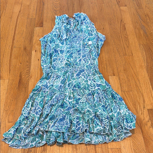 NWT Poupette St. Barth Floral Sleeveless Ruffle Dress Cinched Waist Women’s L