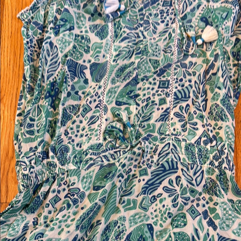 NWT Poupette St. Barth Floral Sleeveless Ruffle Dress Cinched Waist Women’s L