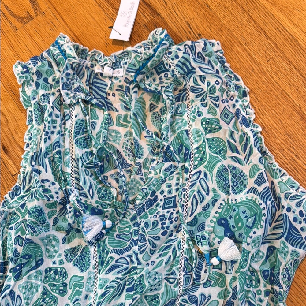 NWT Poupette St. Barth Floral Sleeveless Ruffle Dress Cinched Waist Women’s L