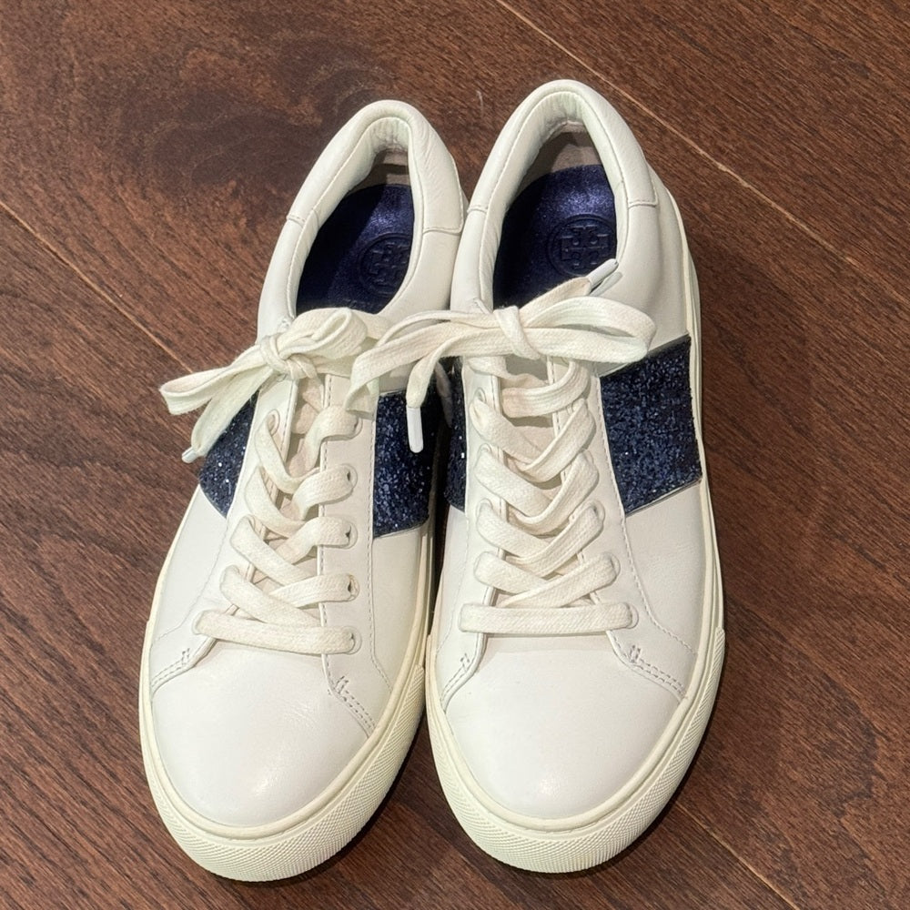 NWOT Tory Burch Women's White and Blue Glitter Sneakers Size 8