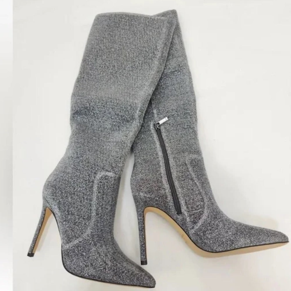 NWT Marc Fisher LTD  Silver Glitter Women's Knee Boots Size 10