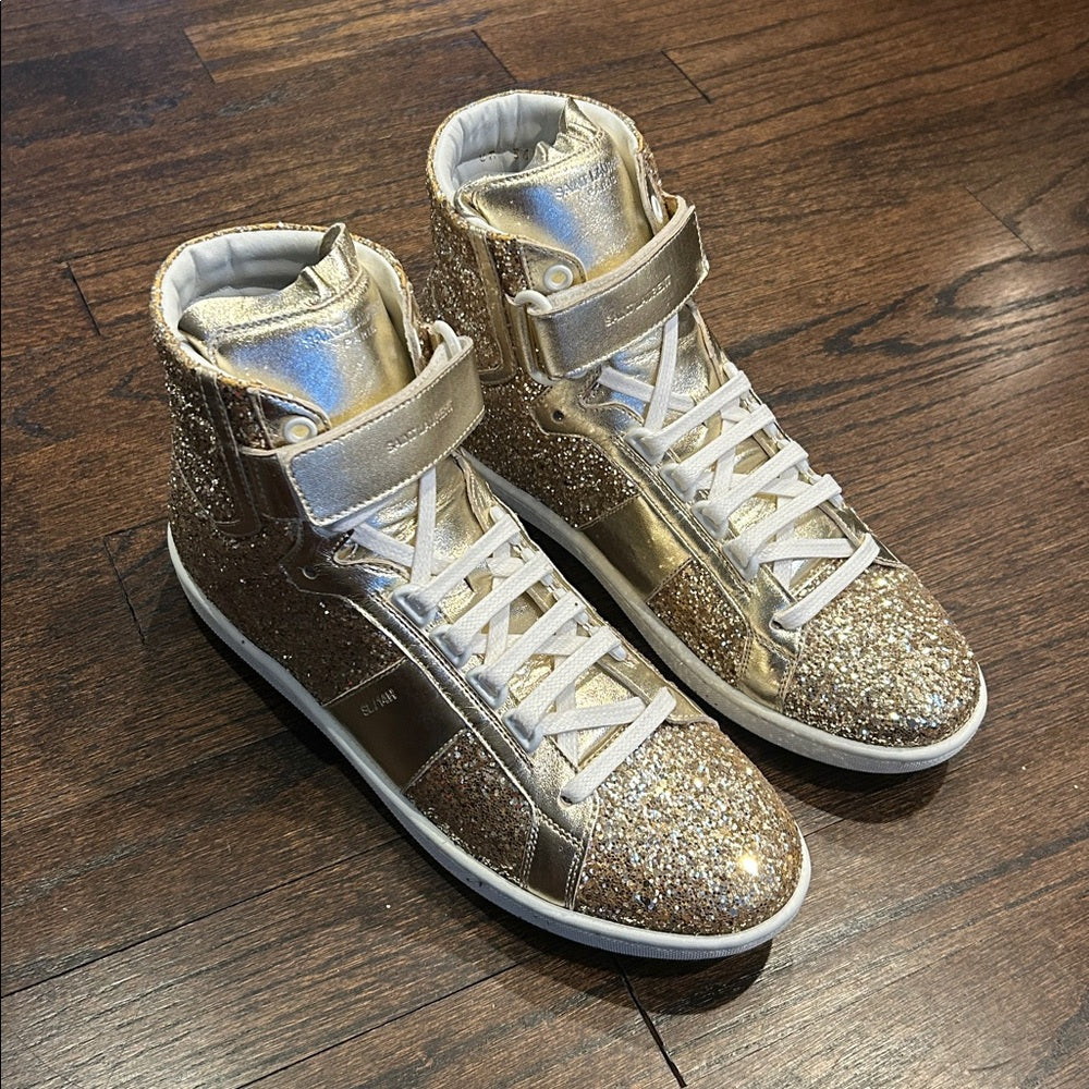 Saint Laurent Women’s Gold Glitter High-Top Sneakers Size 39.5
