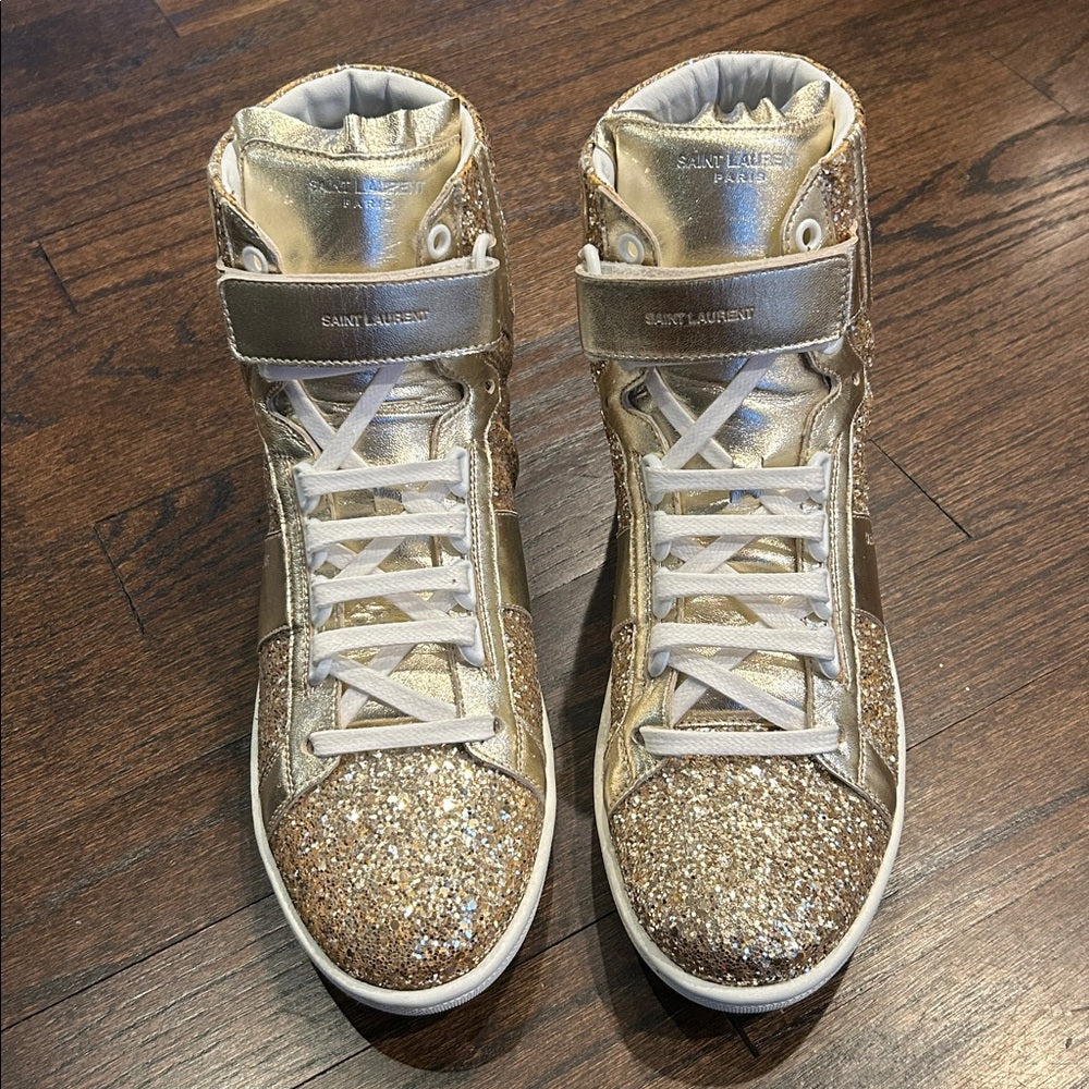 Saint Laurent Women’s Gold Glitter High-Top Sneakers Size 39.5