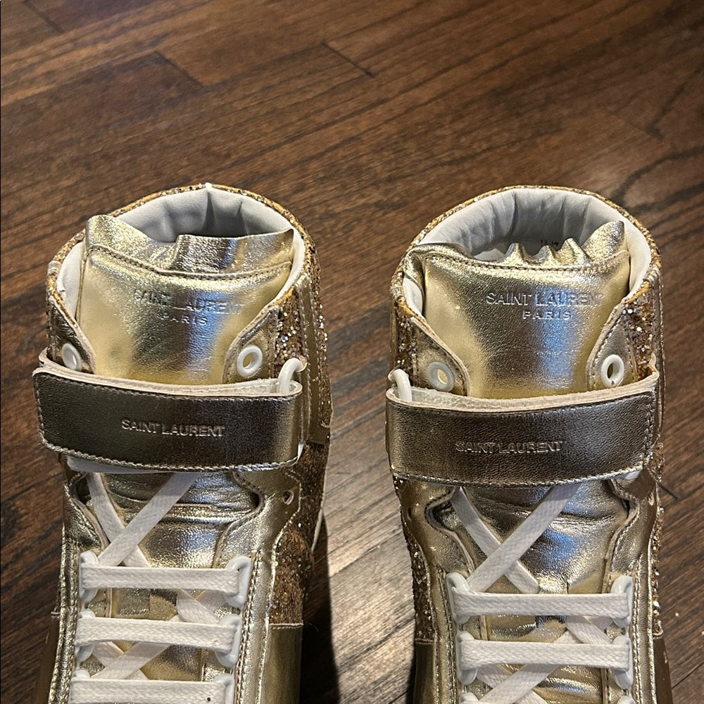 Saint Laurent Women’s Gold Glitter High-Top Sneakers Size 39.5